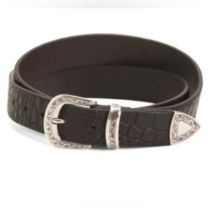 Dark Brown Leather Crocodile Embossed Western Belt  Silver Hardware Size Medium